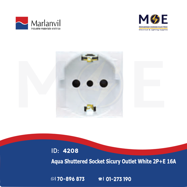 Marlanvil Aqua Shuttered Socket Sicury Outlet White 2P+E 16A | 7648.D | بريز شوكو امان ابيض