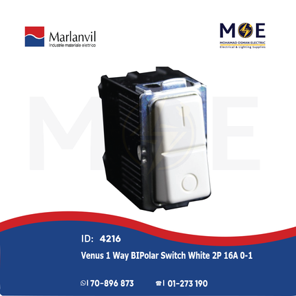 Marlanvil Venus 1Way BIPolar Switch White 2P 16A 0-1 | 7013.2 | مفتاح مفرد خطين ابيض
