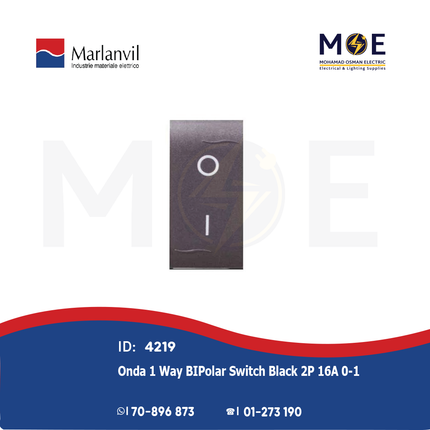 Marlanvil Onda 1Way BIPolar Switch Black 2P 16A 0-1 | 7713.2 | مفتاح مفرد خطين اسود