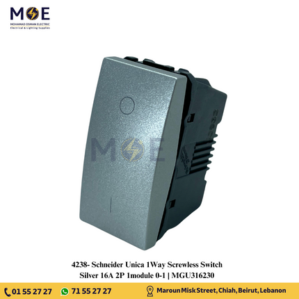 Schneider Unica 1Way Screwless Switch Silver 16A 2P 1module 0-1 | MGU316230 | مفتاح مفرد خطين فضي