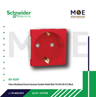 Schneider Unica Shuttered Screw German Socket Outlet Red 10/16A 2P+E 2Module | MGU303703 | بريز شوكو امان احمر