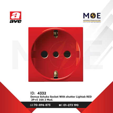 Ave SPA Domus Schuko Socket With shutter Lightab RED 2P+E 16A 2Module | 442090TSR | بريز شوكو امان احمر