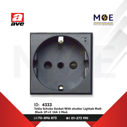 Ave SPA Tekla Schuko Socket With shutter Lightab Black Matt 2P+E 16A 2Module | 445090TS | بريز شوكو امان اسود ناشف