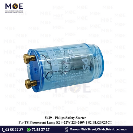 Philips Safety Starter For T8 Fluorescent Lamp S2 4-22W 220-240V | S2 BL/20X25CT | ستارتر لمبة فلورسنت