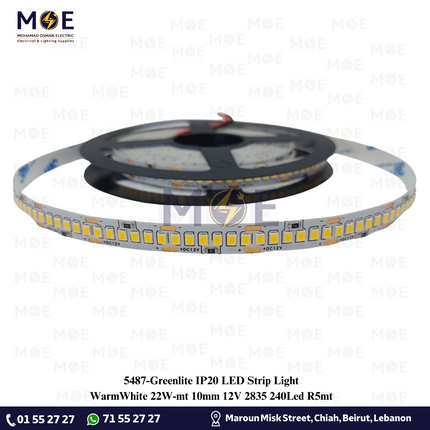 Greenlite IP20 LED Strip Light Single WarmWhite 22W/mt 10mm 12V 2835 240Led R5mt | بكرة ستريب ليد ورم وايت