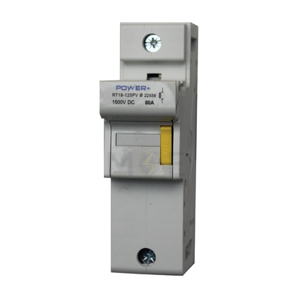 Power+ Din Fuse Holder 22x58mm 80A 1500VDC 1P 2module | YCFPV2258B RT18-125PV | دجنتور بيت فيوز مفرد مجوز - حامل فيوز على سكة دين - قاعدة فيوز