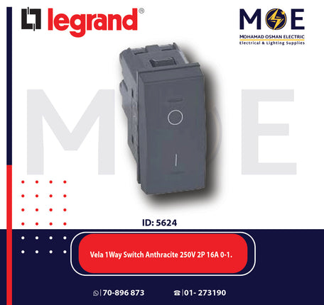 Legrand Vela 1Way Switch Anthracite / Dark Gray / Black 250V 2P 16A 0-1 | 11682740 | مفتاح مفرد خطين اسود فحمي