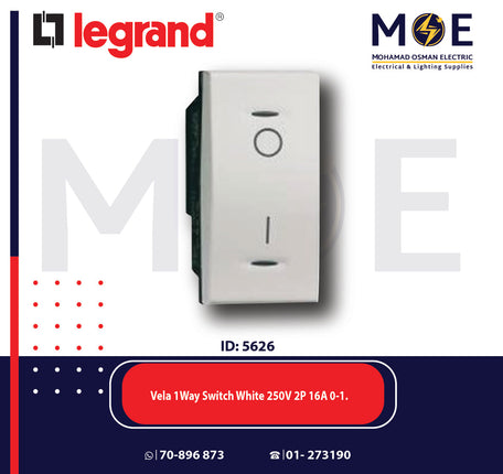 Legrand Vela 1Way Switch White 250V 2P 16A 0-1. | 11687002 | مفتاح مفرد خطين ابيض
