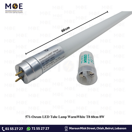Osram LED Tube Lamp WarmWhite T8 60cm 8W | لمبة ليد تيوب مع ستارتر ورم وايت