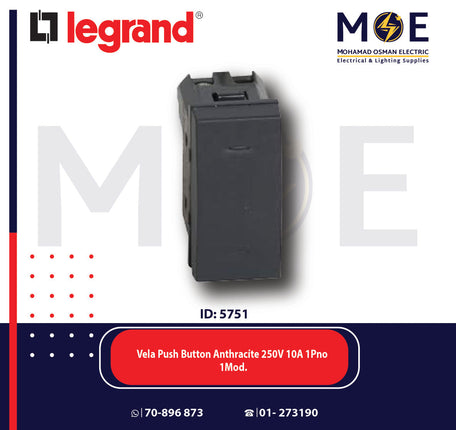 Legrand Vela Push Button Anthracite 250V 10A 1Pno 1Module | 11683079 | كباس اسود فحمي