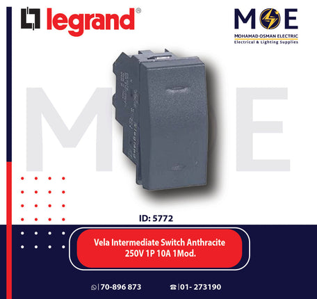 Legrand Vela Intermediate Reversing Switch Anthracite 250V 1P 10A 1Module | 11683078 | مفتاح تربل دركسيون اسود فحمي