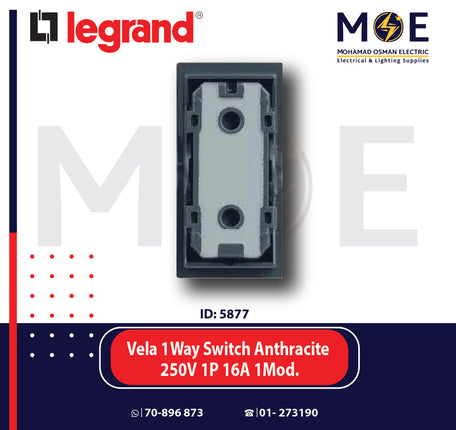 Legrand Vela 1Way Switch Anthracite / Dark Gray / Black 250V 1P 16A 1module | 11682729 | مفتاح مفرد اسود فحمي