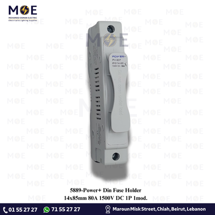 Power+ Din Fuse Holder 14x85mm 80A 1500VDC 1P 1module | YCFPV-63T (10/14x85) RT18-125PV | دجنتور بيت فيوز مفرد - حامل فيوز على سكة دين - قاعدة فيوز