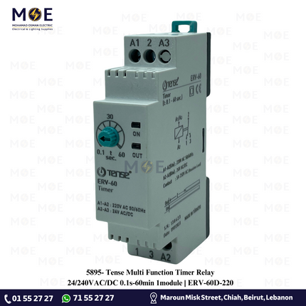 Tense Multi Function Timer Relay 24/240V AC/DC 0.1s-60min 1module | ERV-60D-220 | تايمر سكة