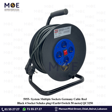 System Multiple Sockets Germany Cable Reel Black 4 Socket Schuko plug+Earth+Switch 50 meter| QC3250 | بكرة صناعية كادر بريز مربع مع شريط ومفتاح اسود