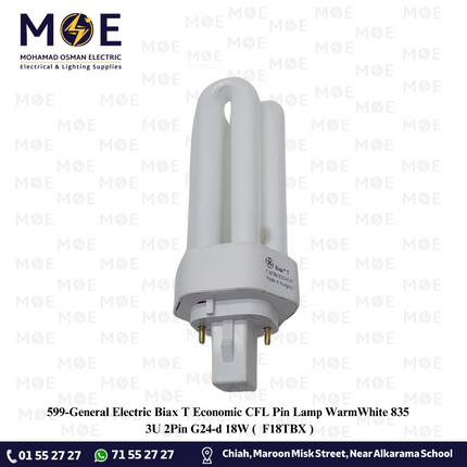 General Electric Biax T Economic CFL Pin Lamp WarmWhite 835 3U 2Pin G24-d 18W | F18TBX | لمبة شك توفير ورم وايت