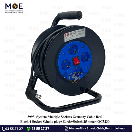 System Multiple Sockets Germany Cable Reel Black 4 Socket Schuko plug+Earth+Switch 25 meter| QC3230 | بكرة صناعية كادر بريز مربع مع شريط ومفتاح اسود