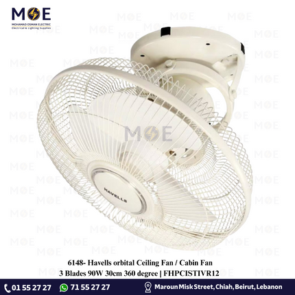 Havells Ciera Orbital Ceiling Fan / Cabin Fan Ivory Rotatable (360°) 3 Blades 90W 30cm | FHPCISTIVR12 | مروحة سقففراشات لولبية عاجي