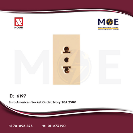 Nour Euro American Socket Outlet Ivory 10A 250V | 733 | بريز امريكي اوروبي عاجي