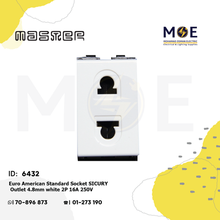 Master Euro American Standard Socket SICURY Outlet 4.8mm White 2P 16A 250V | 6002 | بريز امريكي اوروبي امان ابيض