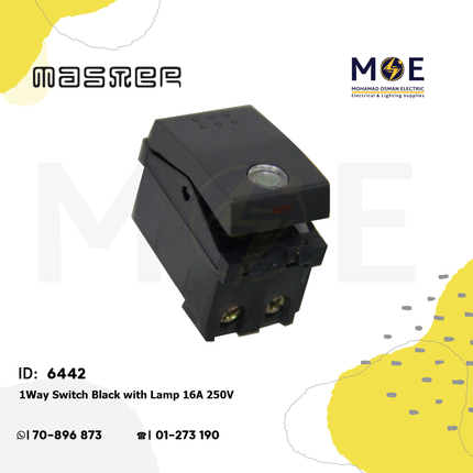 Master 1Way Switch Black with Lamp 16A 250V | 6000-BL | مفتاح مفرد مع لمبة اسود