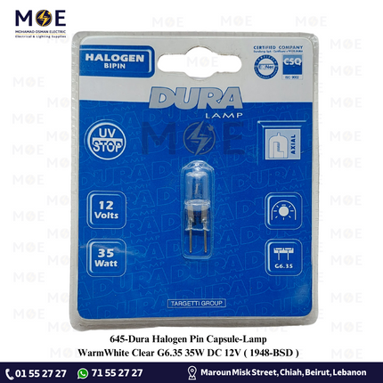Dura Halogen Pin Capsule/Lamp WarmWhite Clear G6.35 35W DC 12V | 1948-BSD | لمبة شك هالوجين شفاف