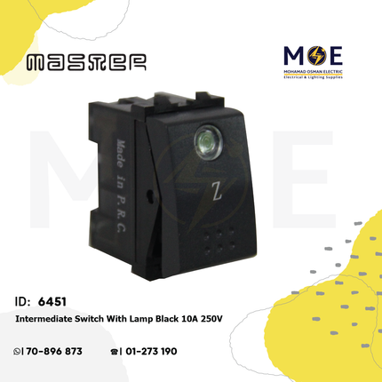 Master Intermediate Reversing Switch With Lamp Black 10A 250V | 6008-BL | مفتاح تربل دركسيون اسود