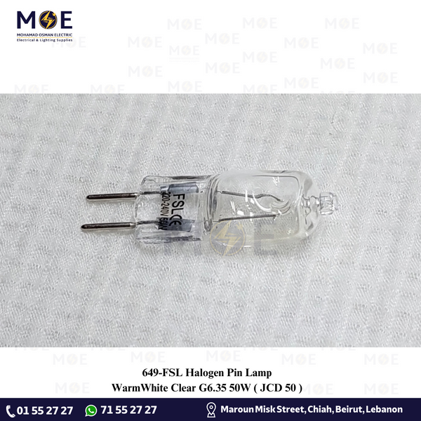 FSL Halogen Pin Lamp WarmWhite Clear G6.35 50W | JCD 50 | لمبة شك هالوجين ورم وايت