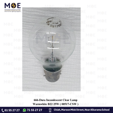 Dura Incandescent Clear Lamp Warmwhite B22 25W | 00517-CSW | لمبة عادي كبس شفاف