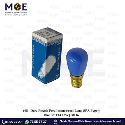 Dura Piccola Pera Incandescent Lamp SPA Pygmy Blue 3C E14 13W | 116 | لمبة عادي برم سن رفيع برفان ازرق