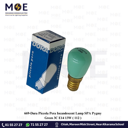 Dura Piccola Pera Incandescent Lamp SPA Pygmy Green 3C E14 13W | 112 | لمبة عادي برم سن رفيع برفان اخصر