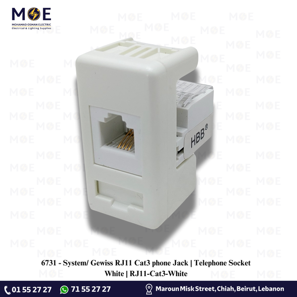 System/ Gewiss RJ11 Cat3 phone Jack | Telephone Socket White | RJ11-Cat3-White | بريز تلفون ابيض