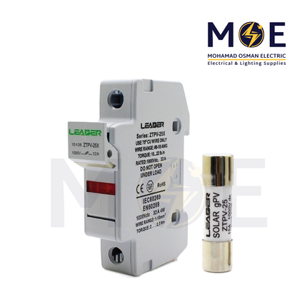Leader Din Fuse Holder With Indicator 10x38mm 32A 1000VDC | ZTPV-25B-32A | دجنتور بيت فيوز مع ضو - حامل فيوز على سكة دين - قاعدة فيوز