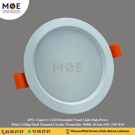 CuperA+ LED Downlight/ Panel Light High-Power White Ceiling Flush Mounted Circular Warmwhite 3000K 10.5cm 16W | HP-R16 | سبوت ليد هاي باور مدور مخفي ابيض ورم وايت