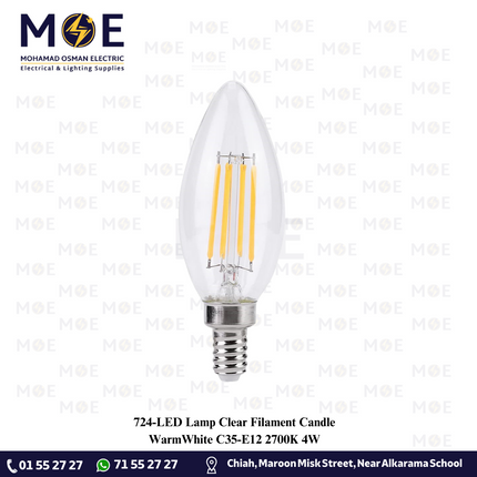 LED Lamp Clear Filament Candle WarmWhite C35-E12 2700K 4W | لمبة ليد برم سن رفيع فيلامنت شمعة شفاف ورم وايت