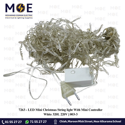 LED Mini Christmas String light White With Mini Controller 320L 220V | 003-3 | حبل زينة ليد شلال شفاف ضو ابيض دايلايت
