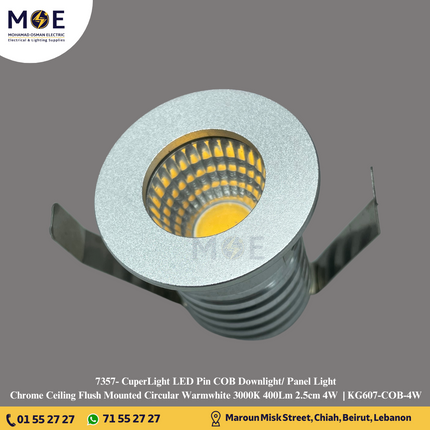 CuperLight LED Pin COB Downlight/ Panel Light Chrome Ceiling Flush Mounted Circular Warmwhite 3000K 400Lm 2.5cm 4W | KG607-COB-4W | سبوت بين ليد مدور مخفي كروم ورم وايت