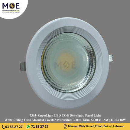 CuperLight LED COB Downlight/ Panel Light White Ceiling Flush Mounted Circular Warmwhite 3000K 14cm 2200Lm 18W | DL03 18W | سبوت ليد مدور مخفي ابيض ورم وايت