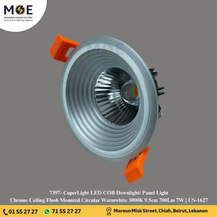 CuperLight LED COB Downlight/ Panel Light Chrome Ceiling Flush Mounted Circular Warmwhite 3000K 9.5cm 700Lm 7W | US-1627 | سبوت ليد مدور مخفي كروم ورم وايت