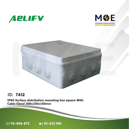 Aelifv IP65 Surface distribution mounting box Rectangle With Cable Gland 300x250x160mm | 30x25x16cm | علبة مربعة ظاهرة مع جوان