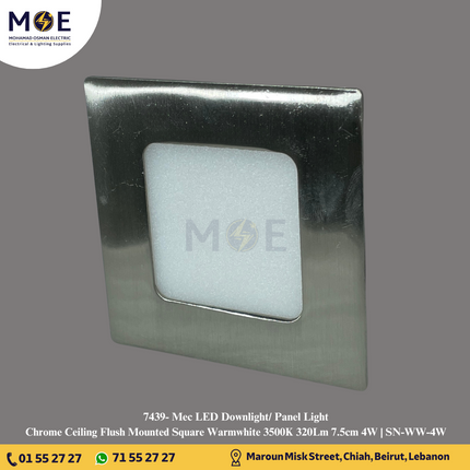 Mec LED Downlight/ Panel Light Chrome Ceiling Flush Mounted Square Warmwhite 3500K 320Lm 7.5cm 4W | MEC-SN-WW-4W | سبوت ليد مربع مخفي كروم ورم وايت