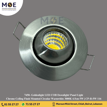 Goldenlight LED COB Downlight/ Panel Light Chrome Ceiling Flush Mounted Circular Warmwhite 3000K 4.5cm 5W | CP-R-5W 116 | سبوت ليد مدور مخفي عين متحرك كروم ورم وايت