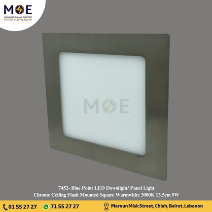Blue Point LED Downlight/ Panel Light Chrome Ceiling Flush Mounted Square Warmwhite 3000K 13.5cm 9W | سبوت ليد مربع مخفي كروم ورم وايت