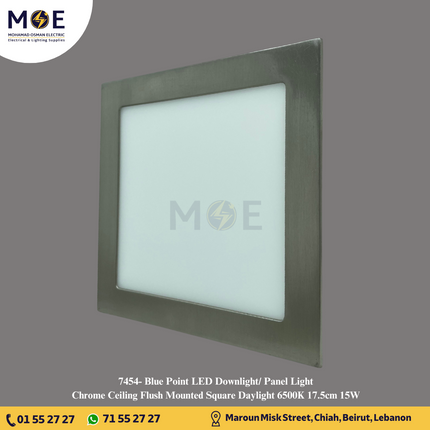 Blue Point LED Downlight/ Panel Light Chrome Ceiling Flush Mounted Square Daylight 6500K 17.5cm 15W | سبوت ليد مربع مخفي كروم دايلايت