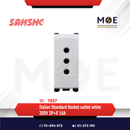 Sanshe Italian Standard Socket outlet white 250V 2P+E 16A | KH-1113 | بريز امان ابيض