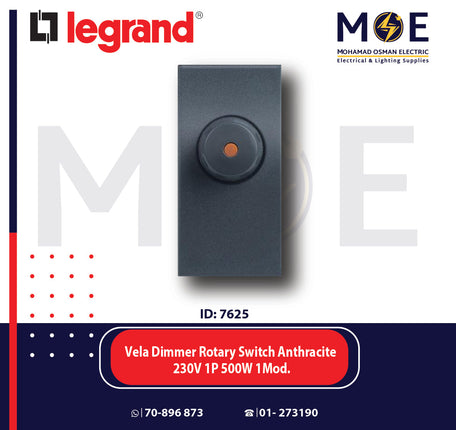 Legrand Vela Dimmer Rotary Switch Anthracite 230V 1P 500W 1module | 11682722 | ديمر مفرد اسود فحمي