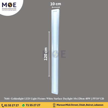 Goldenlight LED Panel Light Fixture White Surface Daylight 10x120cm 40W | PF10*120 | شاسي ليد ظاهر ابيض دايلايت