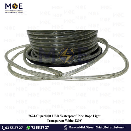 Cuperlight LED Waterproof Pipe Rope Light Transparent White 220V 100mt | نبريش ليد مبروم شفاف ضو ابيض دايلايت
