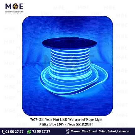 OB Neon Flat LED Waterproof Rope Light Milky Blue 220V 50mt | Neon SMD2835 | حبل ليد نيون ضو ازرق