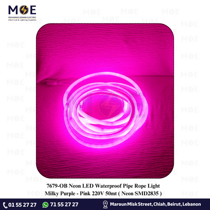 OB Neon LED Waterproof Pipe Rope Light Milky Purple / Pink 220V 50mt | Neon SMD2835 | نبريش ليد مبروم حليبي ضو بنفسجي